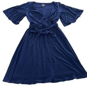 Adrianna Papell Dress Womens Size 2 Blue Wrap Flutter Sleeve Belted Midi